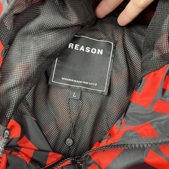 Hustler Jacket Mens L Half-Zip Anork Red Black Hooded Allover Print Reason Brand - Picture 4 of 9